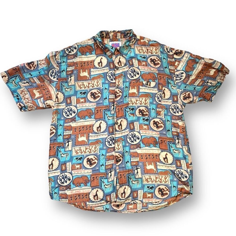 Vintage Silk Shirt African Safari Elephant Giraffe Large Boho Button Front